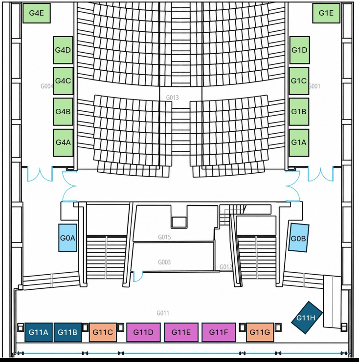 Exhibition floor plan of Aula Magna CTO showing 20 numbered stand positions arranged around the auditorium seating, foyer staircases and the main networking area, colour-coded by category.
